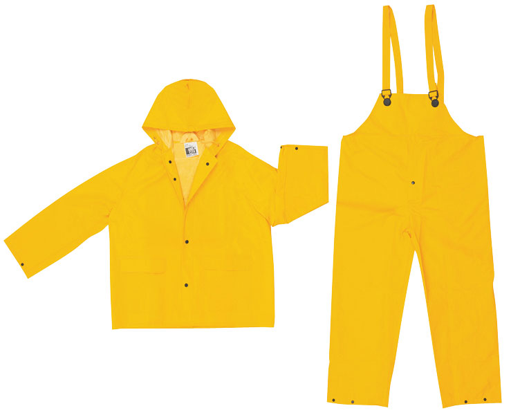 Classic, .35mm PVC/Polyester 3 pc suit, Detachable Hood, Snap Front Jacket & Bib Pant, Yellow - Rain Suits